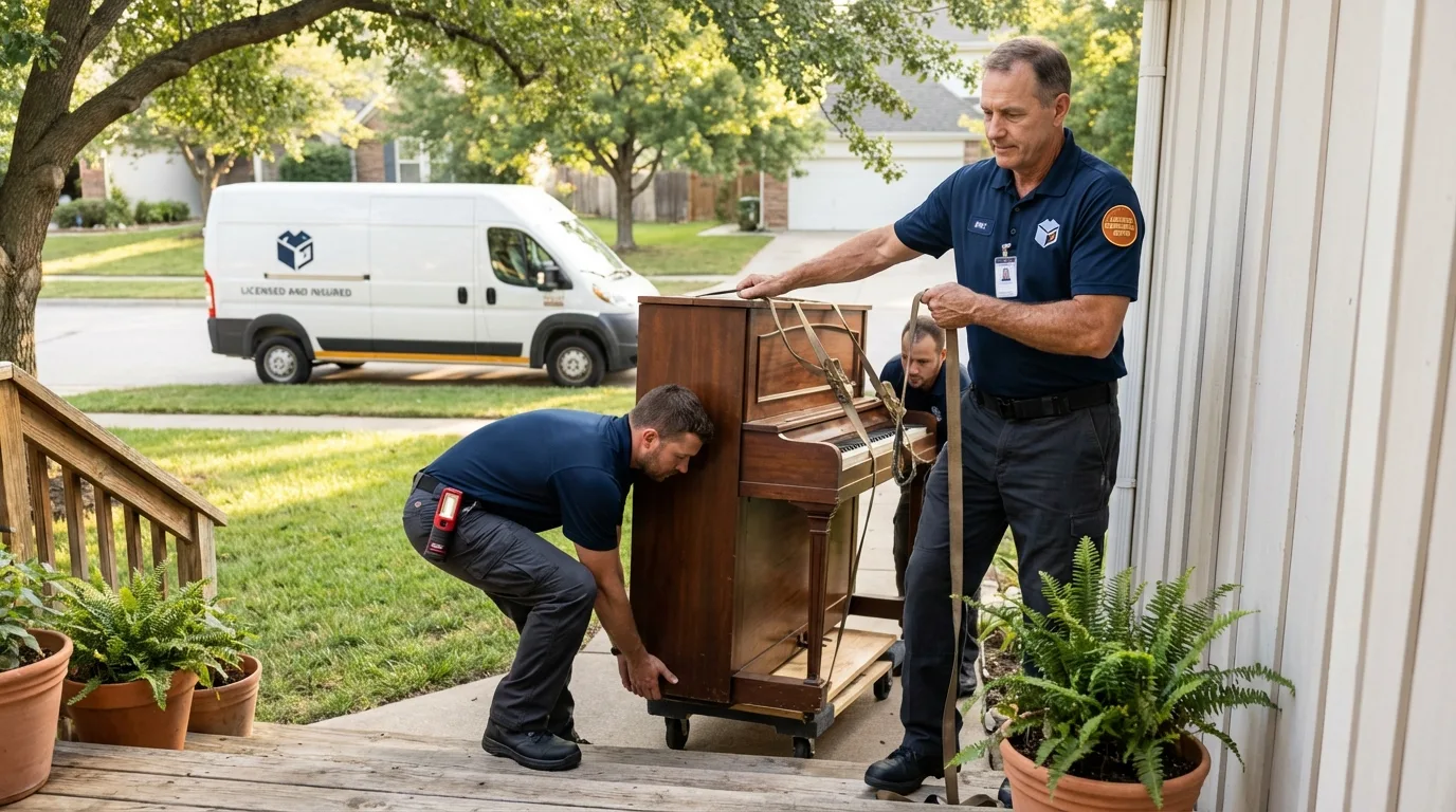 Licensed piano movers securing grand piano in Tutwiler, MS