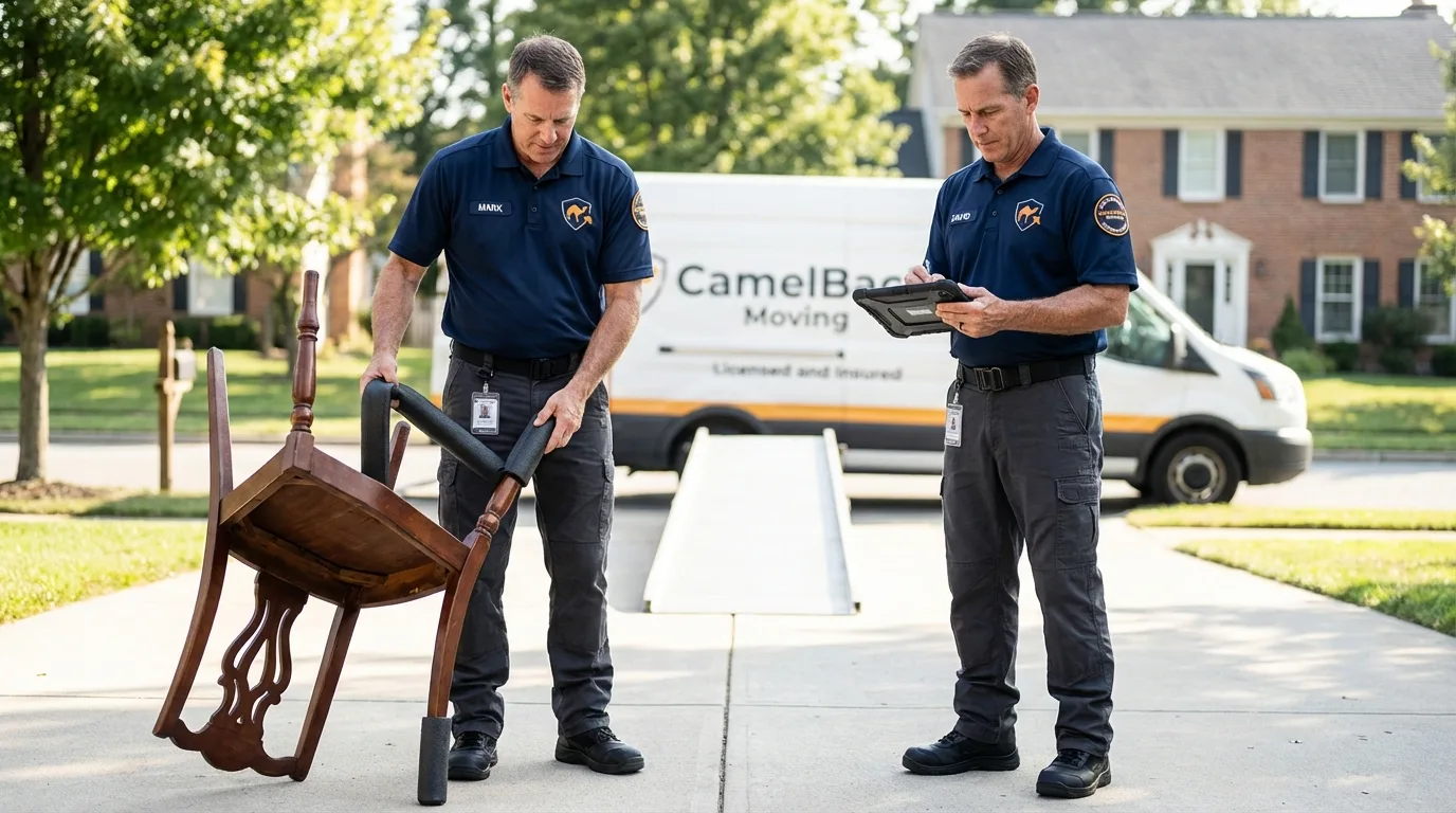 Movers inspecting furniture for damage prevention before loading in Tutwiler, MS