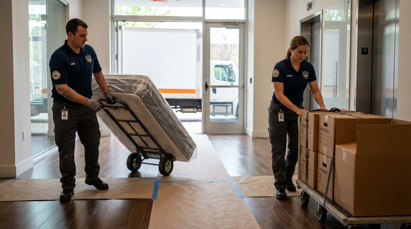 Professional apartment movers loading elevator in Tutwiler, MS