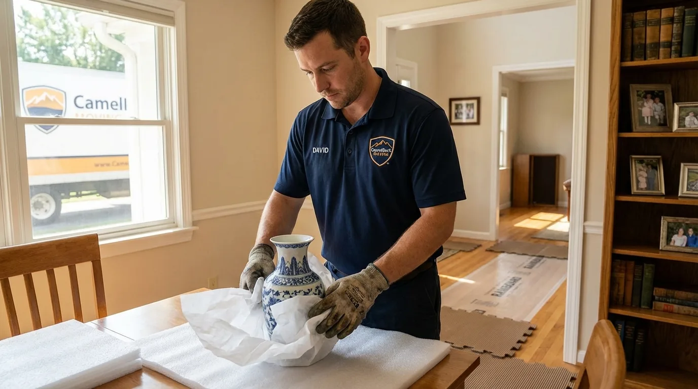 Professional crew carefully wrapping antique vase for senior downsizing move in Tutwiler, MS